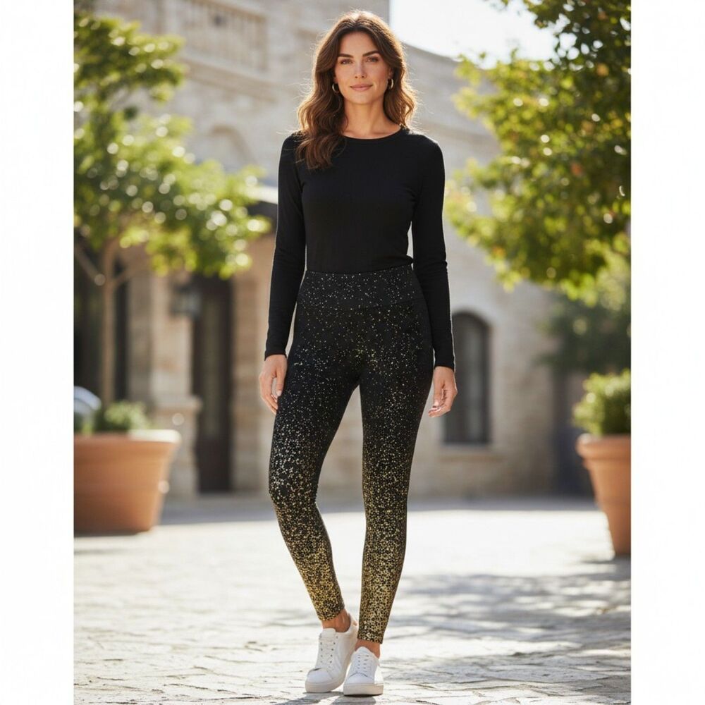 NEW Womens Black and Gold Confetti Leggings Holiday Party One Size Stretch Ankle - Picture 1 of 8